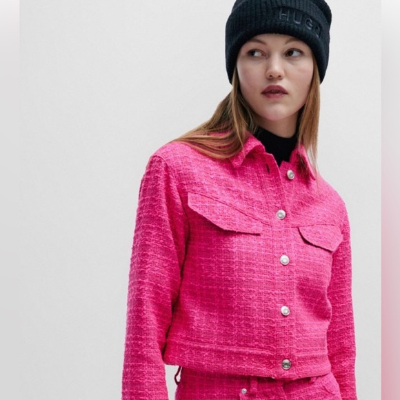 New! HUGO BOSS Relaxed Fit Jacket in Bouclé Fabric with Polished Trim, Size 14 - Picture 6 of 6